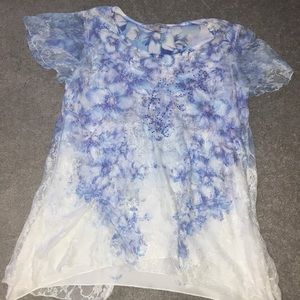 Roz & Ali Blue Lace layered Blouse (S)